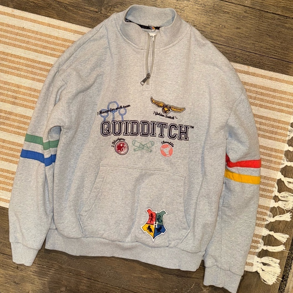 M&S Harry Potter Quidditch Gray 1/4 Zip Sweatshirt Patches Hogwarts Size 12/14